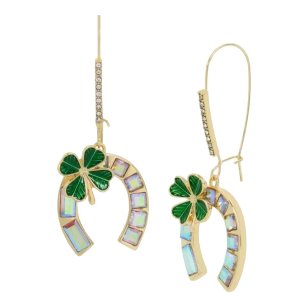 🍀▪️Betsey Johnson▪️ Lucking out HORSESHOE Hook Clover EARRING St Patrick's Day